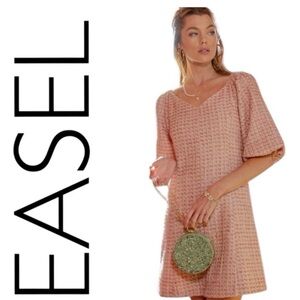 Easel Los Angeles Pink Tweed Puff Sleeve Mini Dress Textured Bouclé Cottagecore